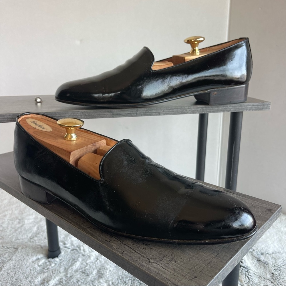 Federico Leone Black Leather Men’s Slip-On Tuxedo Loafers Elegant Shoes Size 9.5